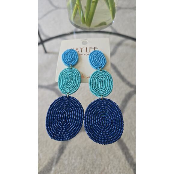 Kay Lee Blue Beaded Circle Earrings New - Picture 1 of 1